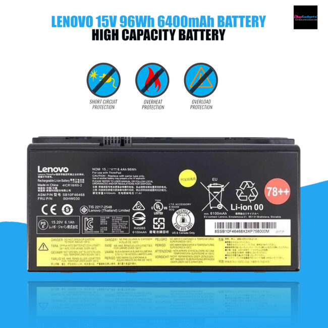 00HW030 Laptop Battery Replacement for Lenovo ThinkPad P70 P71 Series Notebook 78++ SB10F46468 01AV451 4X50K14092 Black 15V 96Wh 6400mAh 8-Cell