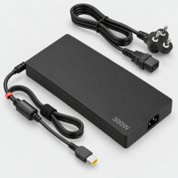 Lenovo laptop charger underside showing the product label, rubber feet, coiled DC cable and yellow rectangular Slim Tip on a light grey background