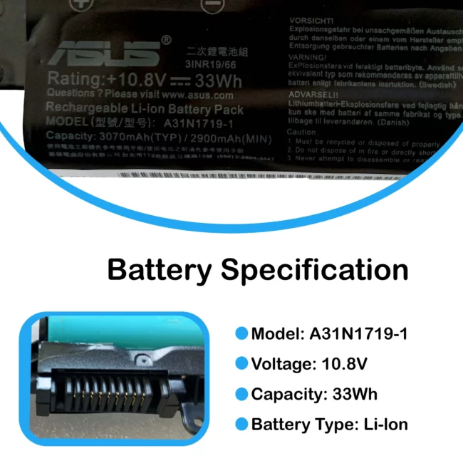 Original Laptop Battery for Asus A31N1719, A31n1719 laptop battery price, A31n1719 laptop battery replacement
