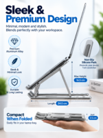 Premium silver aluminum laptop stand with foldable ergonomic design