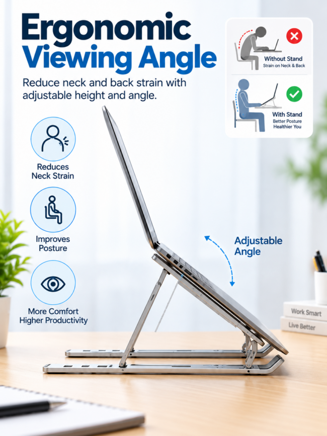 Ergonomic adjustable laptop stand with multiple viewing angles for comfortable working