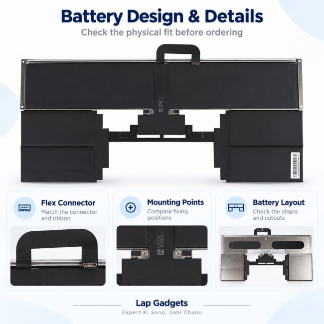 MacBook Air 15-inch replacement battery showing its flex connector, mounting points and battery layout.